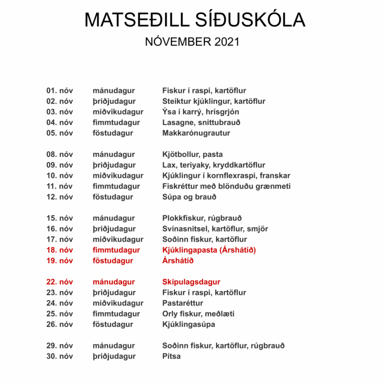 Matseðill - Nóvember 2021